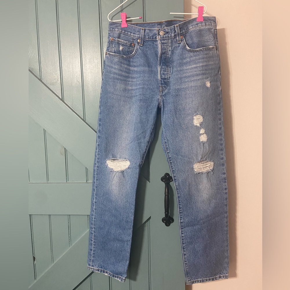 Levi's 501 Women's Button Fly Distressed Straight Leg Blue Jeans